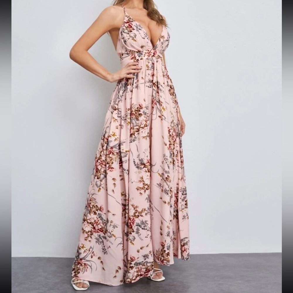 Boho Floral Print Deep Neck Backless Open Back Cami Maxi Dress - Picture 4 of 5